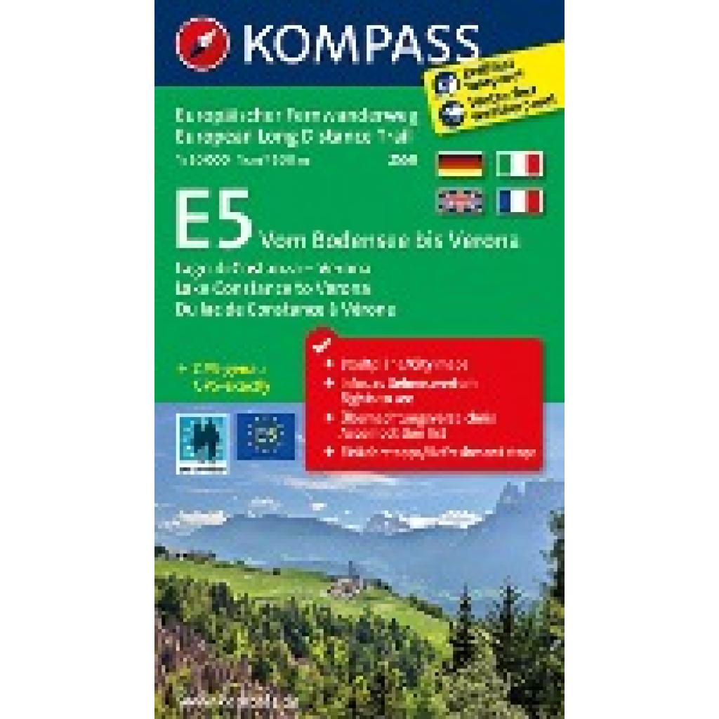 KOMPASS Wander-Tourenkarte Europäischer Fernwanderweg E5 Vom Bodensee bis Verona 1:50.000