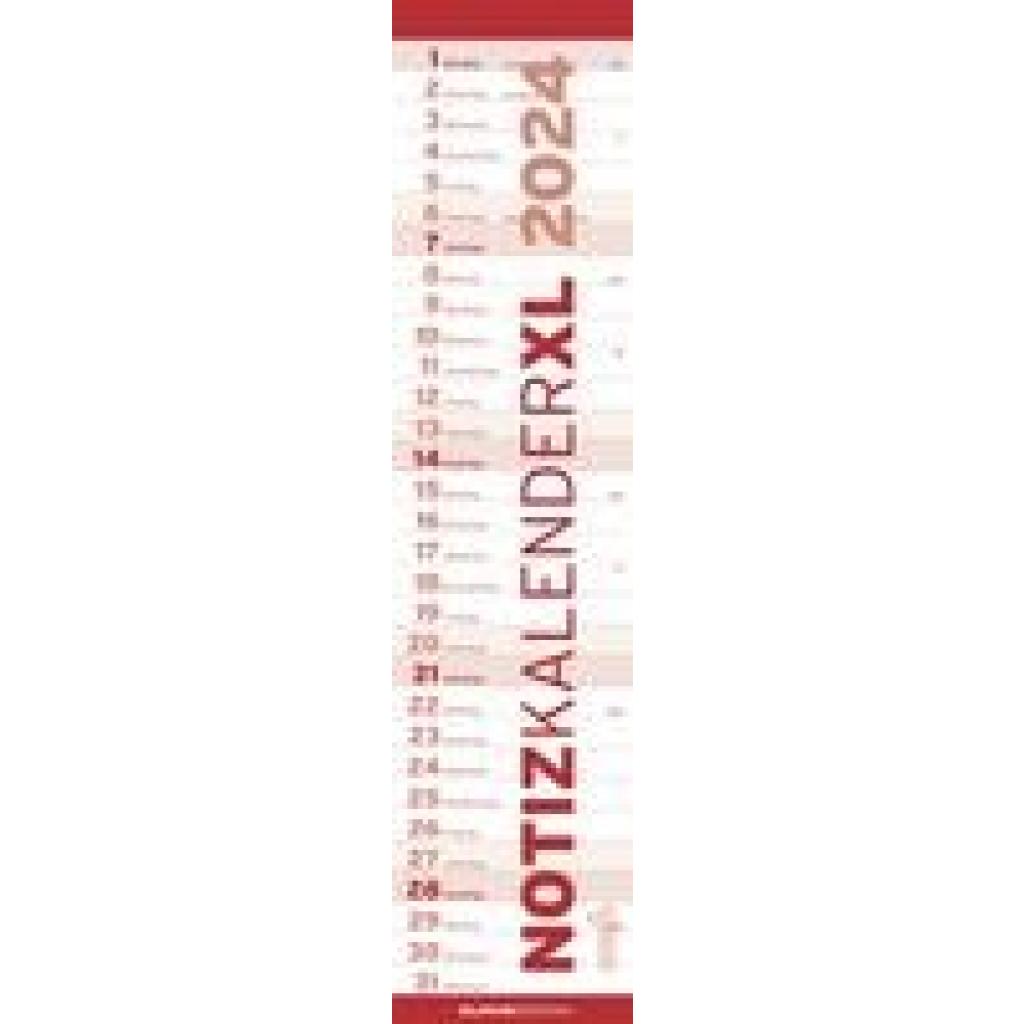 Notizkalender XL Rot 2024 - Streifenkalender 15x64 cm - Wandplaner - Küchenkalender - schmales Design - eine Spalte - La