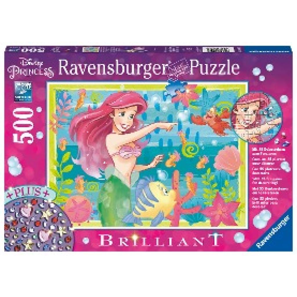 Ravensburger Puzzle 13327 - Arielles Unterwasserparadies - 500 Teile Disney Brilliant Puzzle mit Dekosteinen für Erwachs