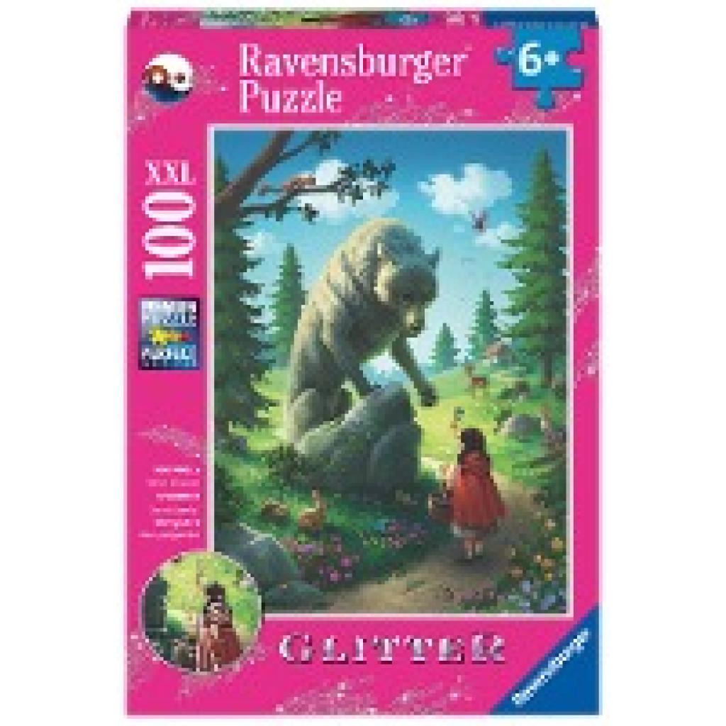 Ravensburger Kinderpuzzle 12988 - Rotkäppchen und der Wolf 100 Teile XXL - Puzzle für Kinder ab 6 Jahren - mit Glitzer