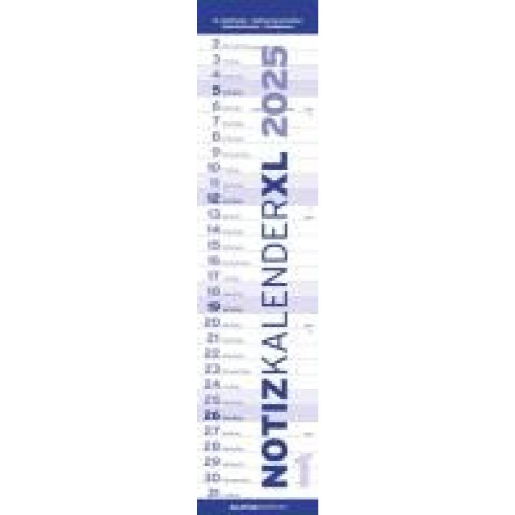 Notizkalender XL BLAU 2025 - Streifenkalender 15x64 cm - Wandplaner - Küchenkalender - schmales Design - eine Spalte - L