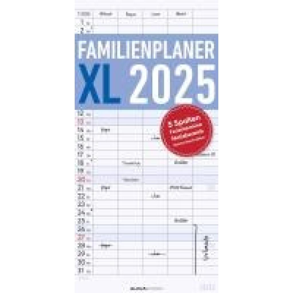 Familienplaner XL 2025 mit 5 Spalten - Familien-Timer 22x45 cm - Offset-Papier - mit Ferienterminen - Wand-Planer - Fami