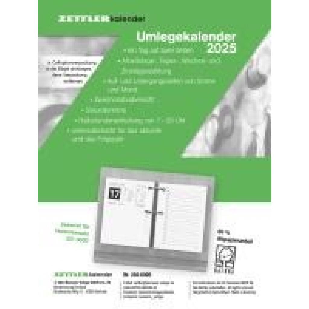 Umlege-Kalender 2025 - 8x10,8 cm - 1 Tag auf 2 Seiten - zum Einheften - Bürokalender mit 2-fach Lochung - Stundeneinteil