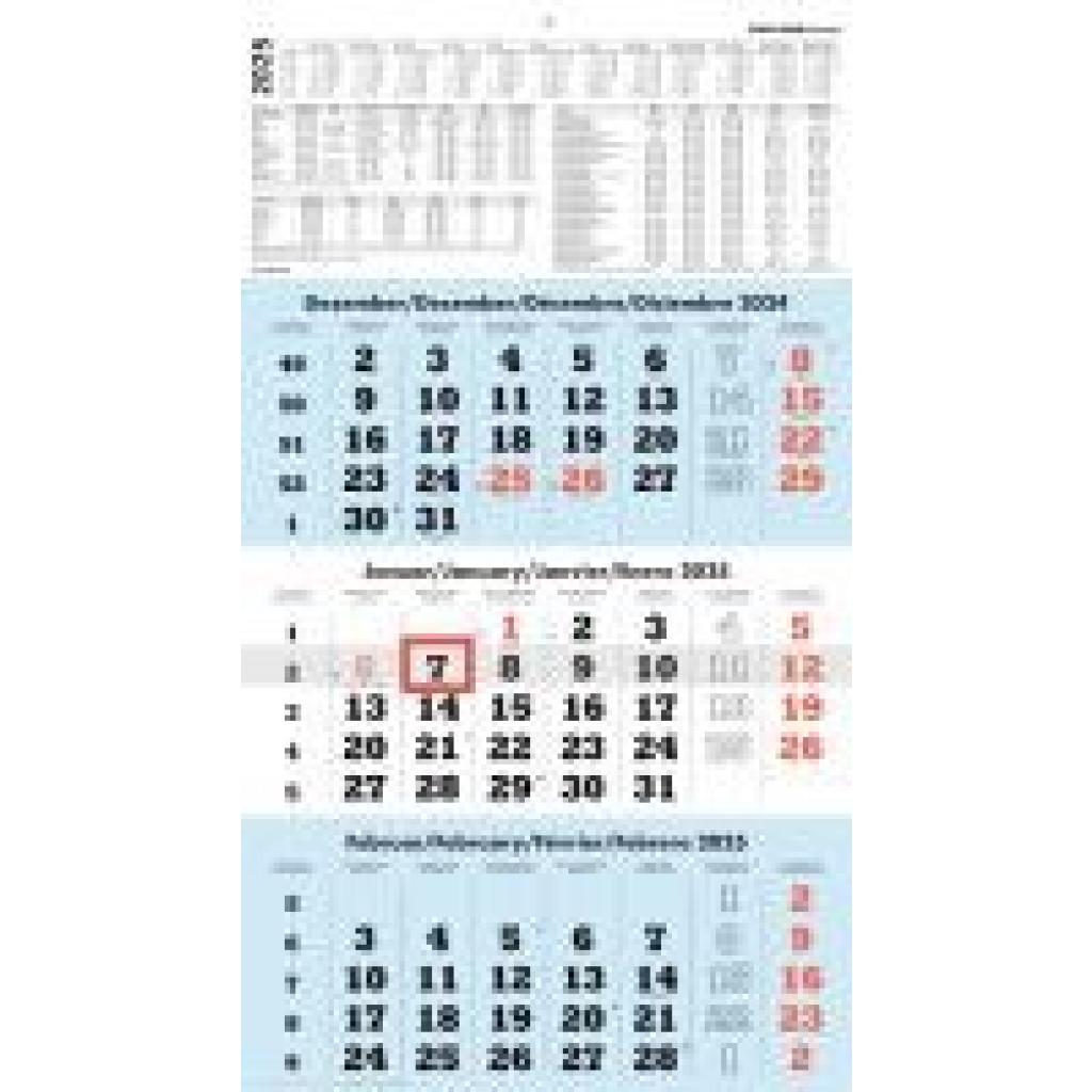 3-Monatskalender blau 2025 - 33x45 - mit Kopftafel - Datumsschieber - 958-0015