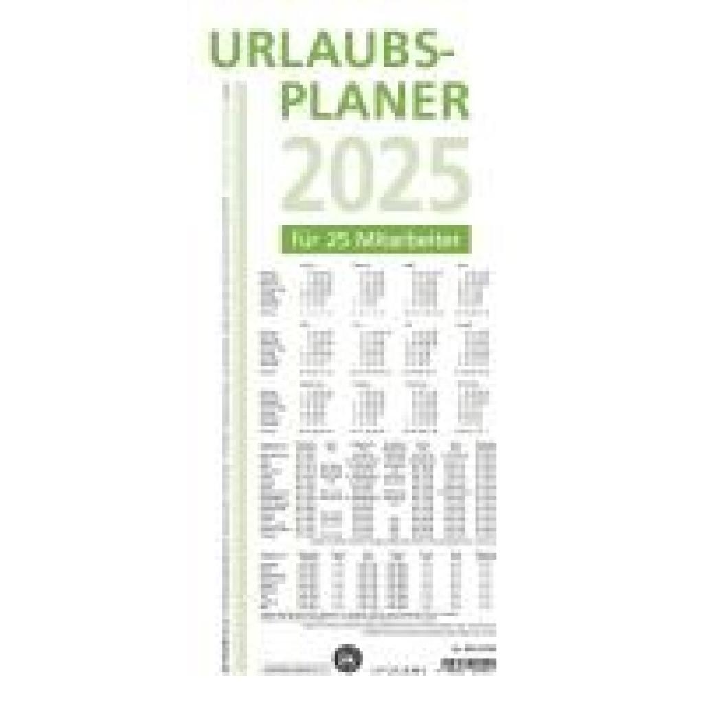 Urlaubsplaner 2025 - 100x29,7 cm - 16 Monate - für bis zu 25 Personen - aus Recyclingpapier - Blauer Engel - Wandplaner 