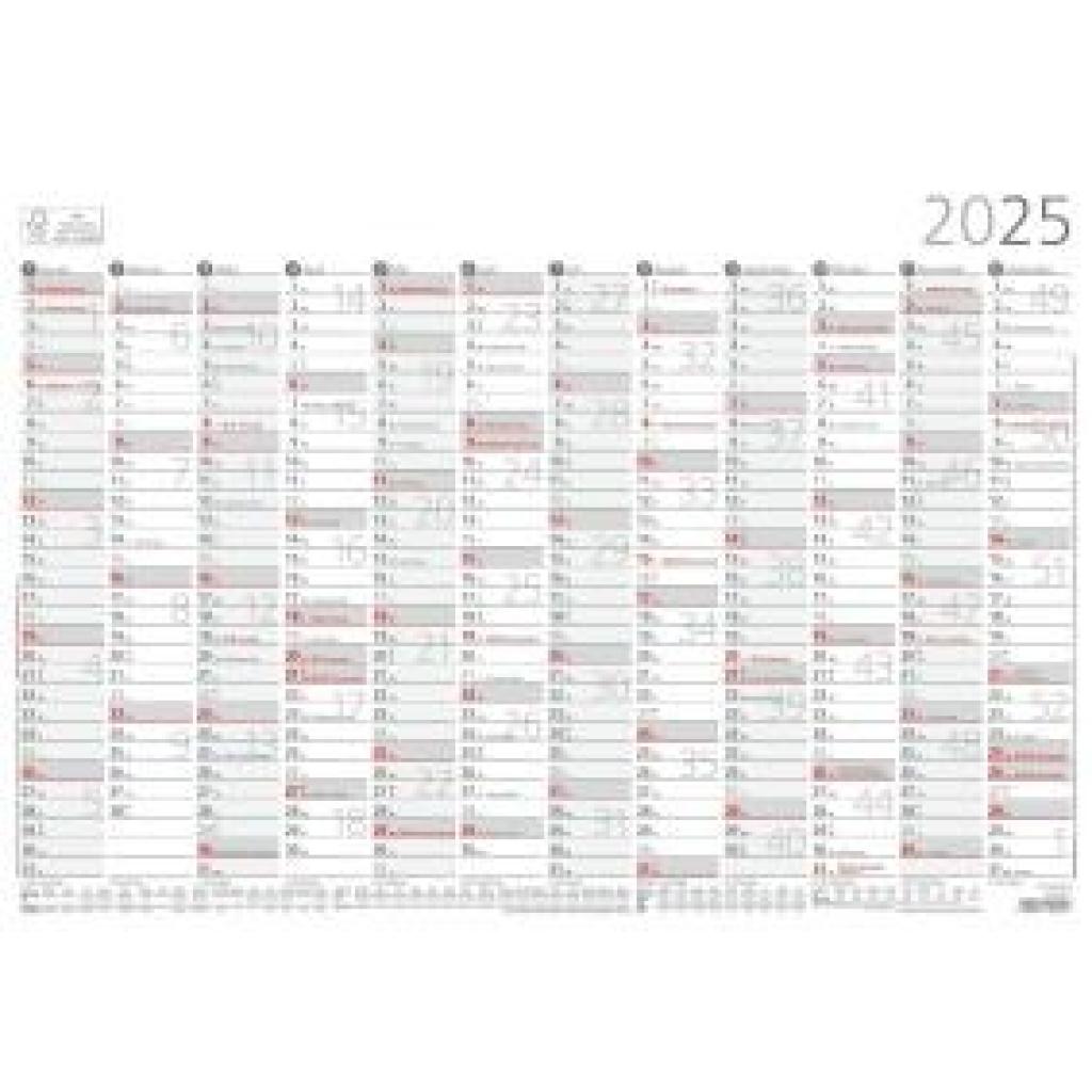 Jahresübersicht A3 12 Monate 1 Stk. plano 2025 - 42x29,7 cm - gerollt - mit Arbeitstage- und Wochenzählung - Posterkalen