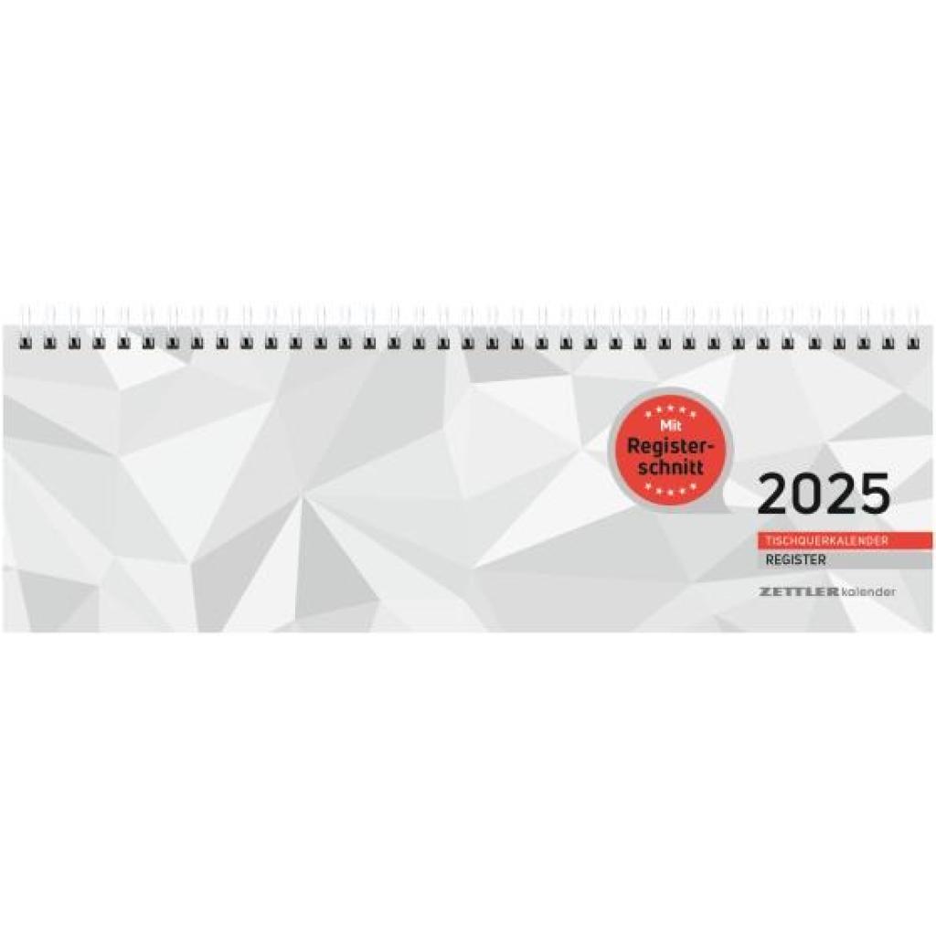 Tischquerkalender Register 2025 - 32x10,5 cm - 1 Woche auf 2 Seiten - Bürokalender mit Registerstanzung - Stundeneinteil