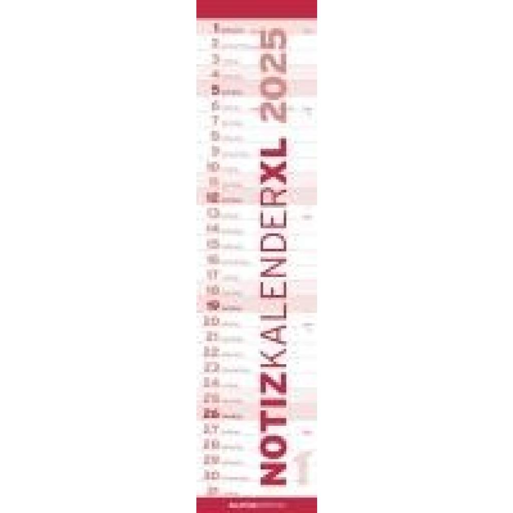 Notizkalender XL Rot 2025 - Streifenkalender 15x64 cm - Wandplaner - Küchenkalender - schmales Design - eine Spalte - La