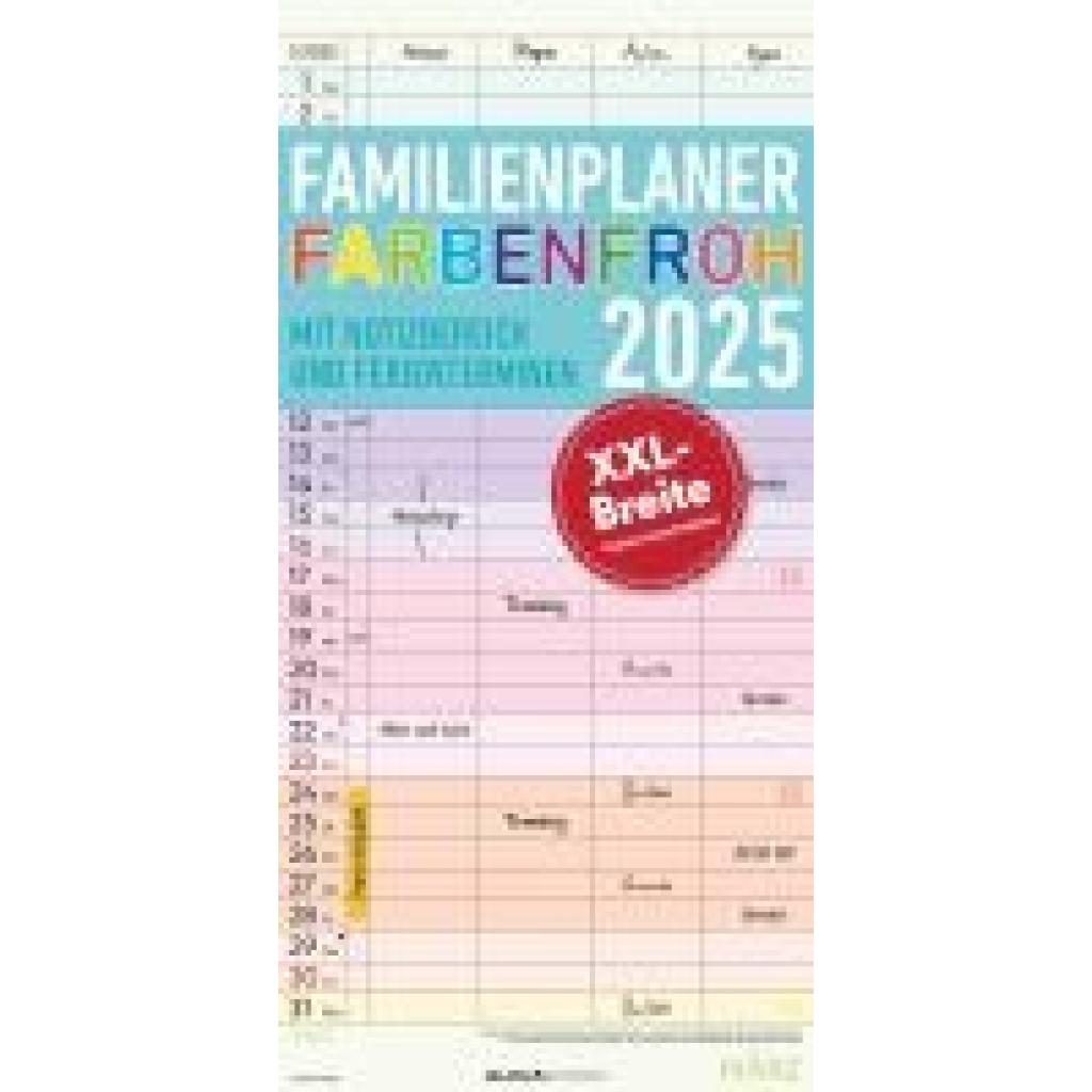 Familienplaner Farbenfroh 2025 mit 4 Spalten - Familien-Timer 22x45 cm - Offset-Papier - mit Ferienterminen - Wand-Plane