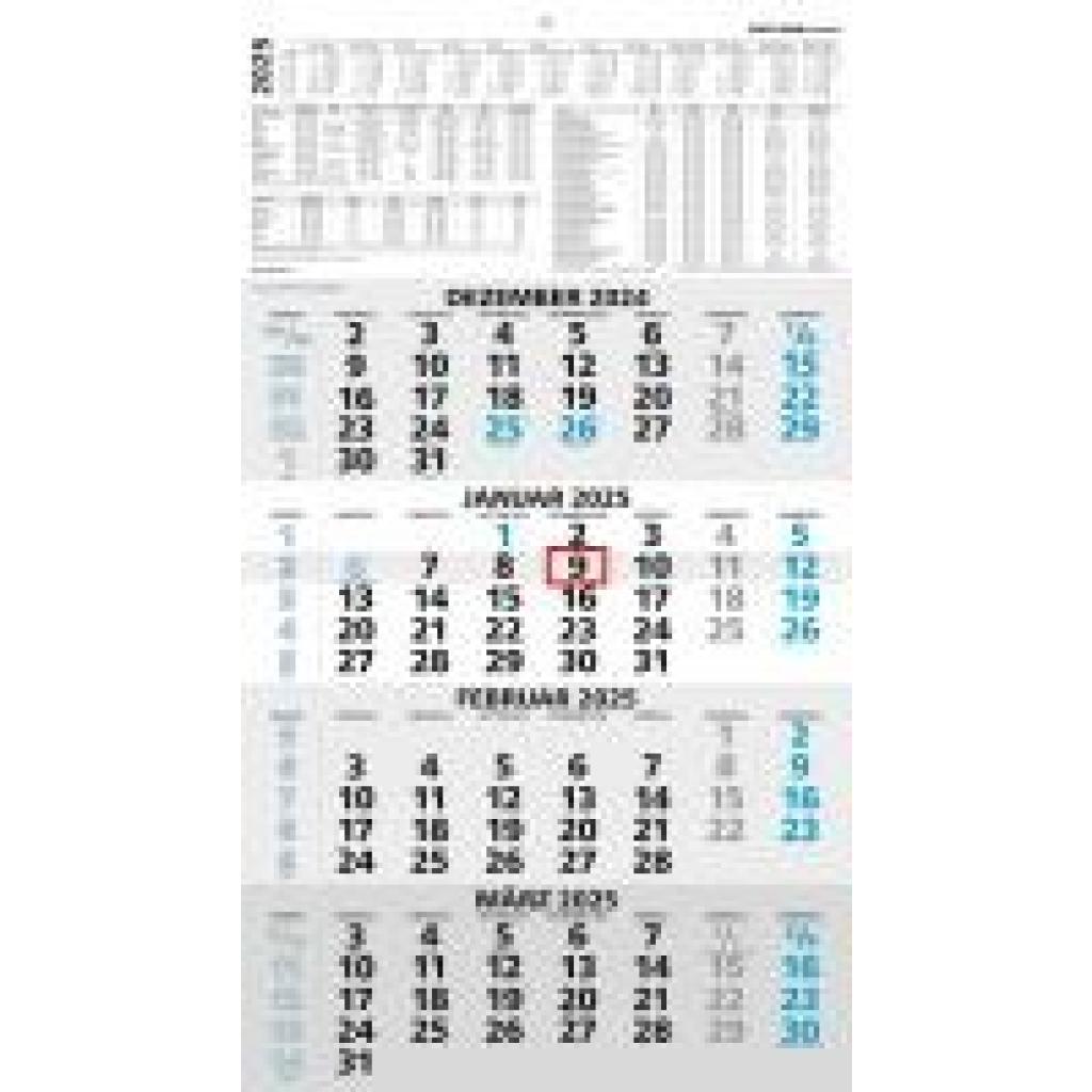 4-Monatskalender blau 2025 - 33x45 - mit Kopftafel - Datumsschieber -    959-0015-1