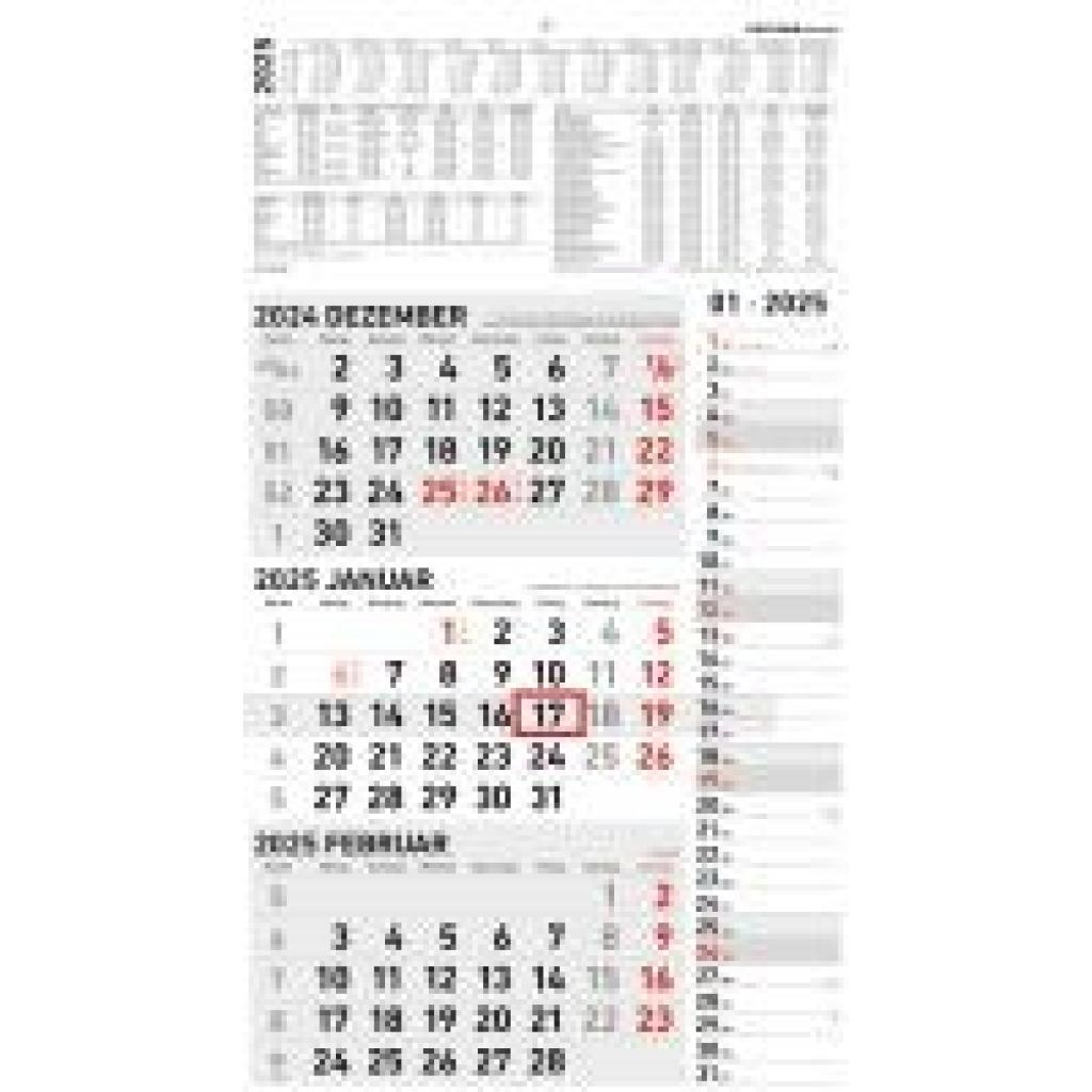 3-Monatskalender Kombi 2025 - Büro-Kalender 33x45 cm (geöffnet) mit Datumsschieber - Zettler - 957-0011