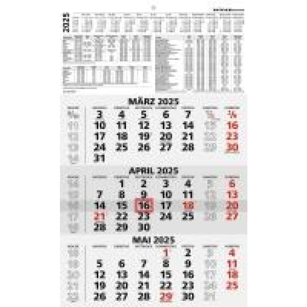 Zettler - 3-Monatskalender 2025 schwarz/rot, 29,7x48,8cm, Bürokalender mit Jahresübersicht, Datumsschieber, faltbar, 3 M