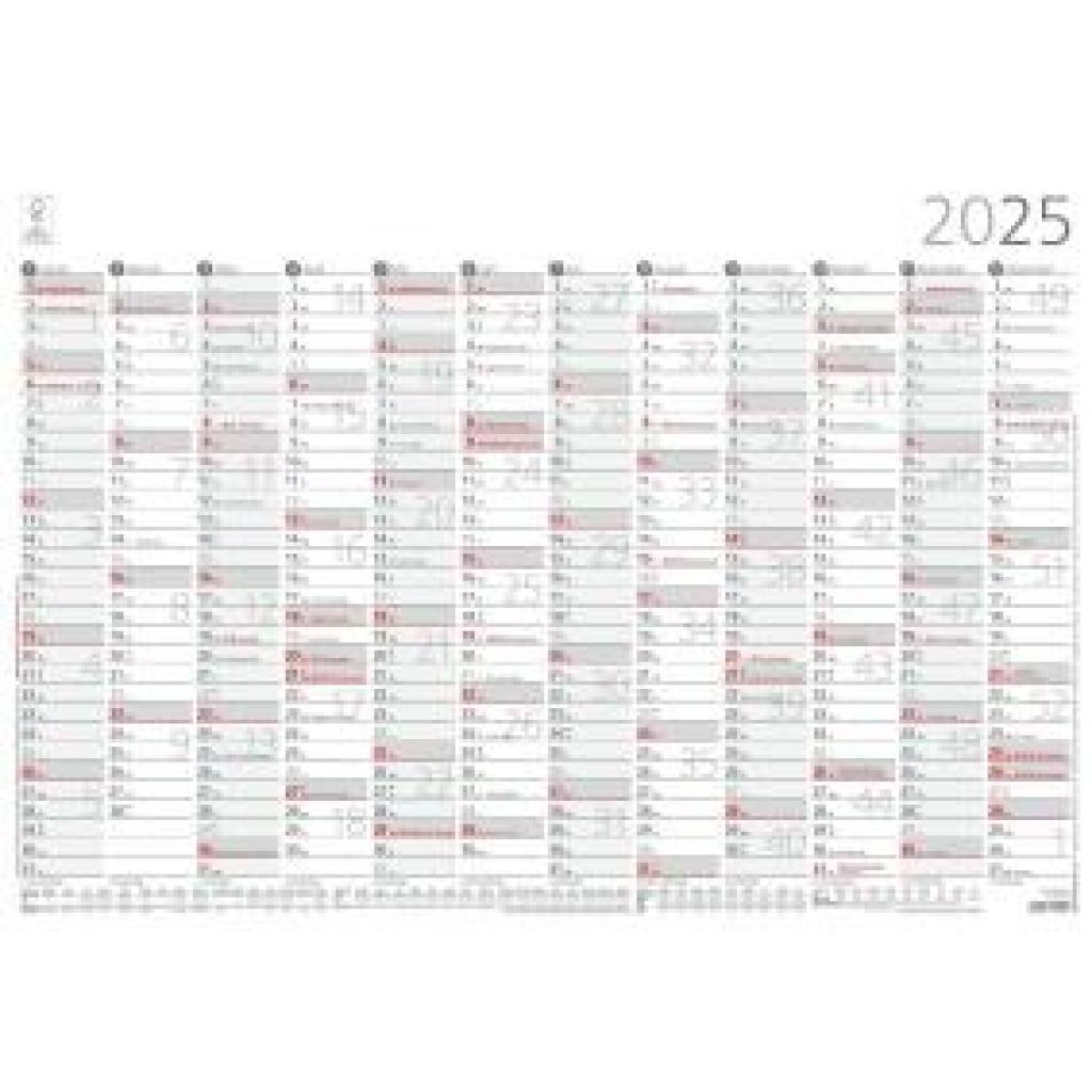 Jahresübersicht A2 12 Monate 1 Stk. plano 2025 - 59,4x42 cm - gerollt - mit Arbeitstage- und Wochenzählung - Posterkalen