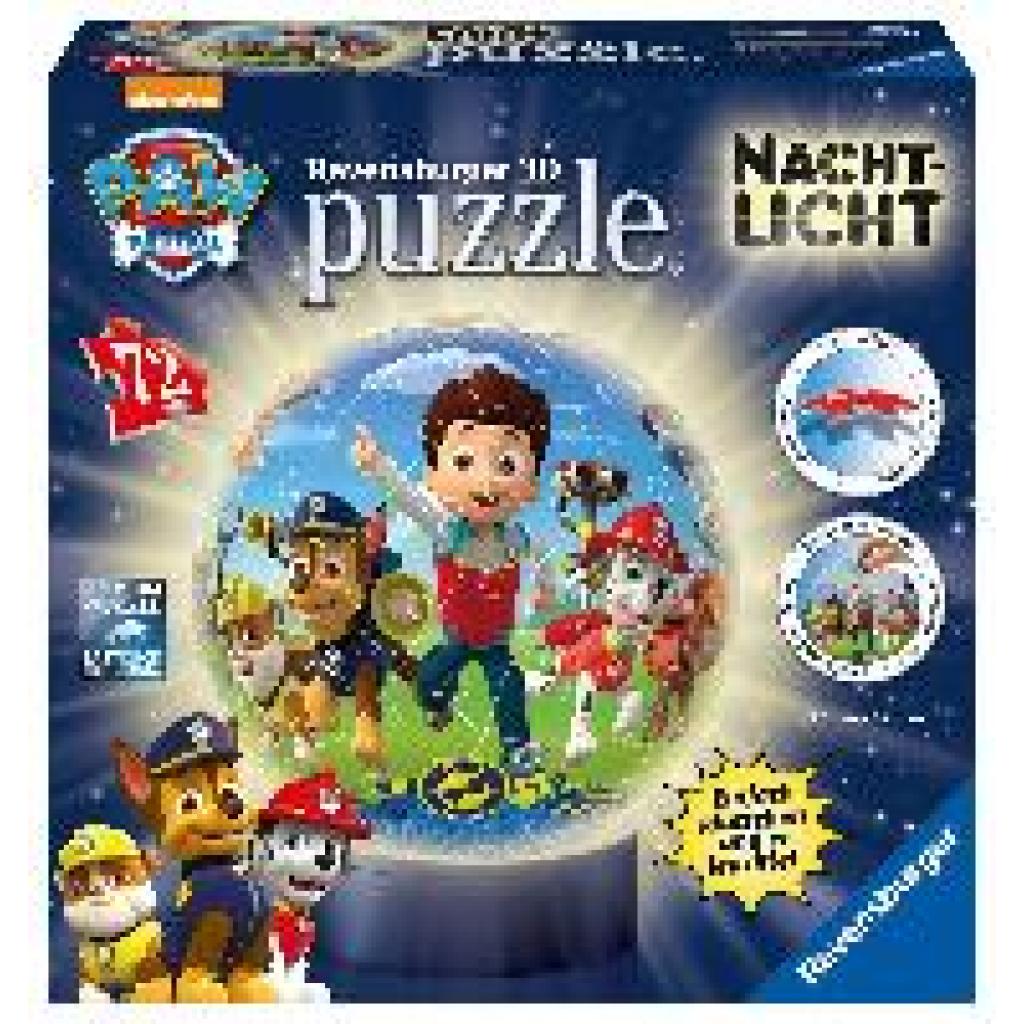 Ravensburger 3D Puzzle 11842 - Nachtlicht Puzzle-Ball Paw Patrol - ab 6 Jahren, LED Nachttischlampe mit Klatsch-Schalter