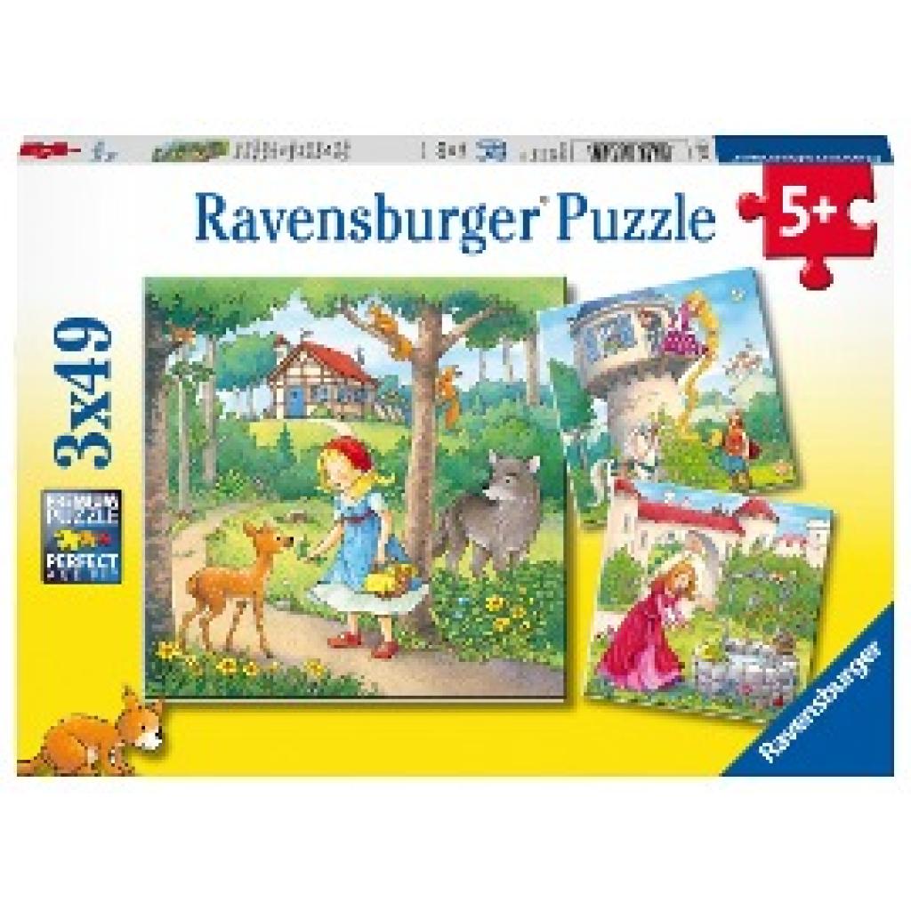 Ravensburger Kinderpuzzle - 08051 Rapunzel, Rotkäppchen & der Froschkönig - Puzzle für Kinder ab 5 Jahren, mit 3x49 Teil