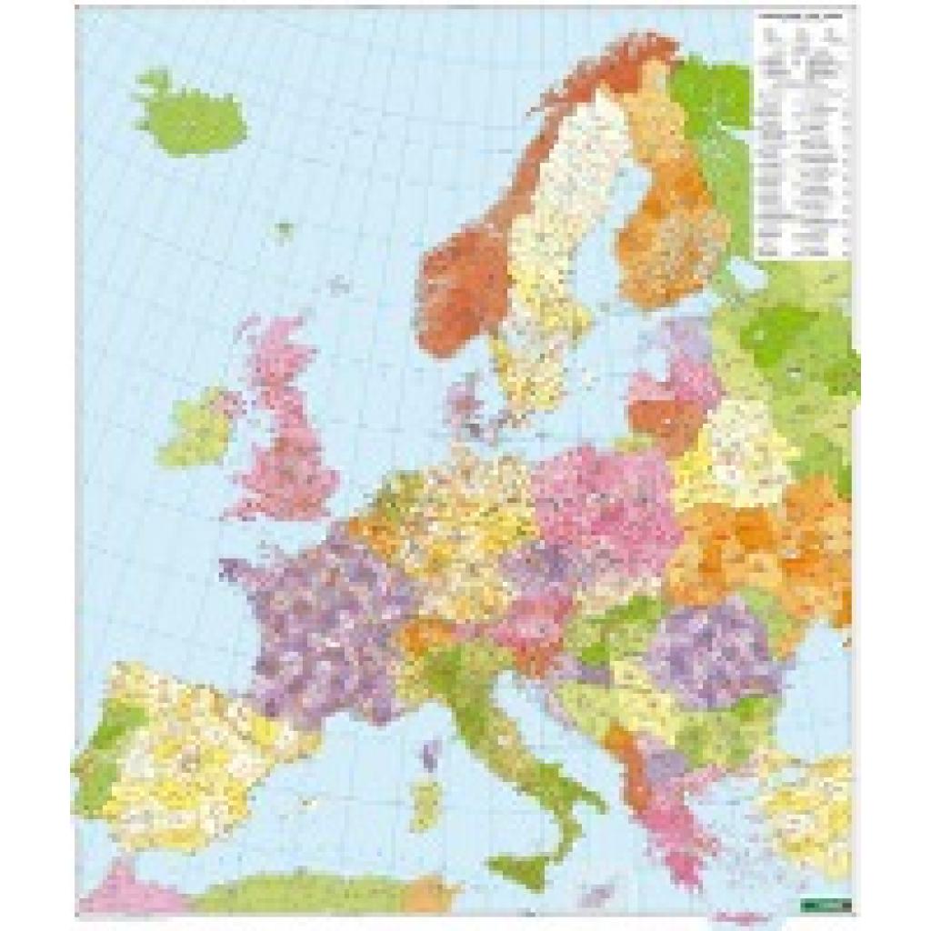 Postleitzahlenkarte Europa 1 : 3 700 000. Poster-Karte mit Metallbestäbung