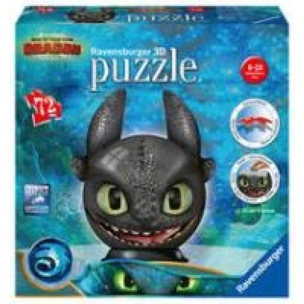 4005556111459 - Ravensburger 3D Puzzle 11145 - Puzzle-Ball  Dragons 3 Ohnezahn mit  Ohren- 72 Teile - Puzzle-Ball für Fans von Dragons ab 6 Jahren