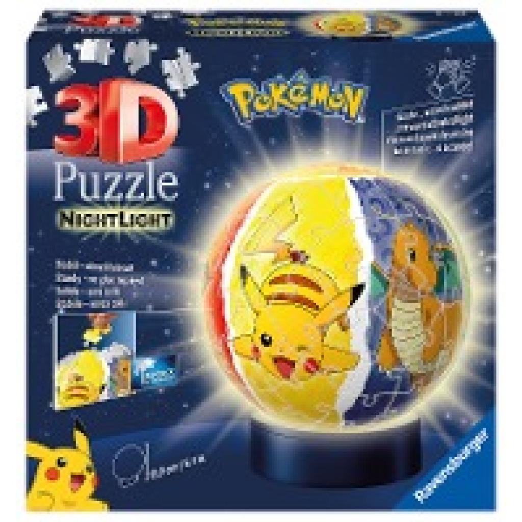 4005556115471 - Ravensburger 3D Puzzle 11547 - Nachtlicht Puzzle-Ball Pokémon - 72 Teile - für Pokémon Fans ab 6 Jahren LED Nachttischlampe mit Klatsch-Mechanismus