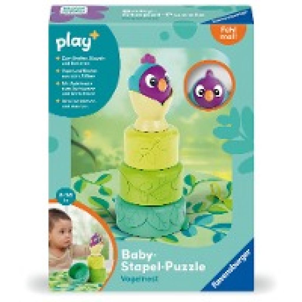 Ravensburger 4857 Play+ Baby-Stapel-Puzzle: Vogelnest, Montessori-Puzzle, Silikon, Saugnapf-Spielzeug für Baby ab 6 Mona