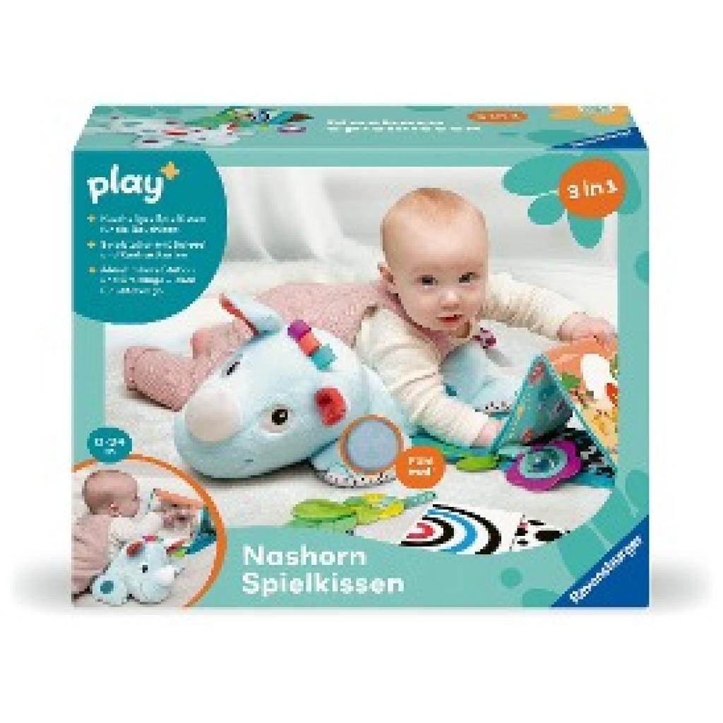 Ravensburger 4866 Play+ Nashorn Spielkissen (für die Bauchlage), 4-teiliges Set, Tummy Time Spielzeug, Kuscheltier train