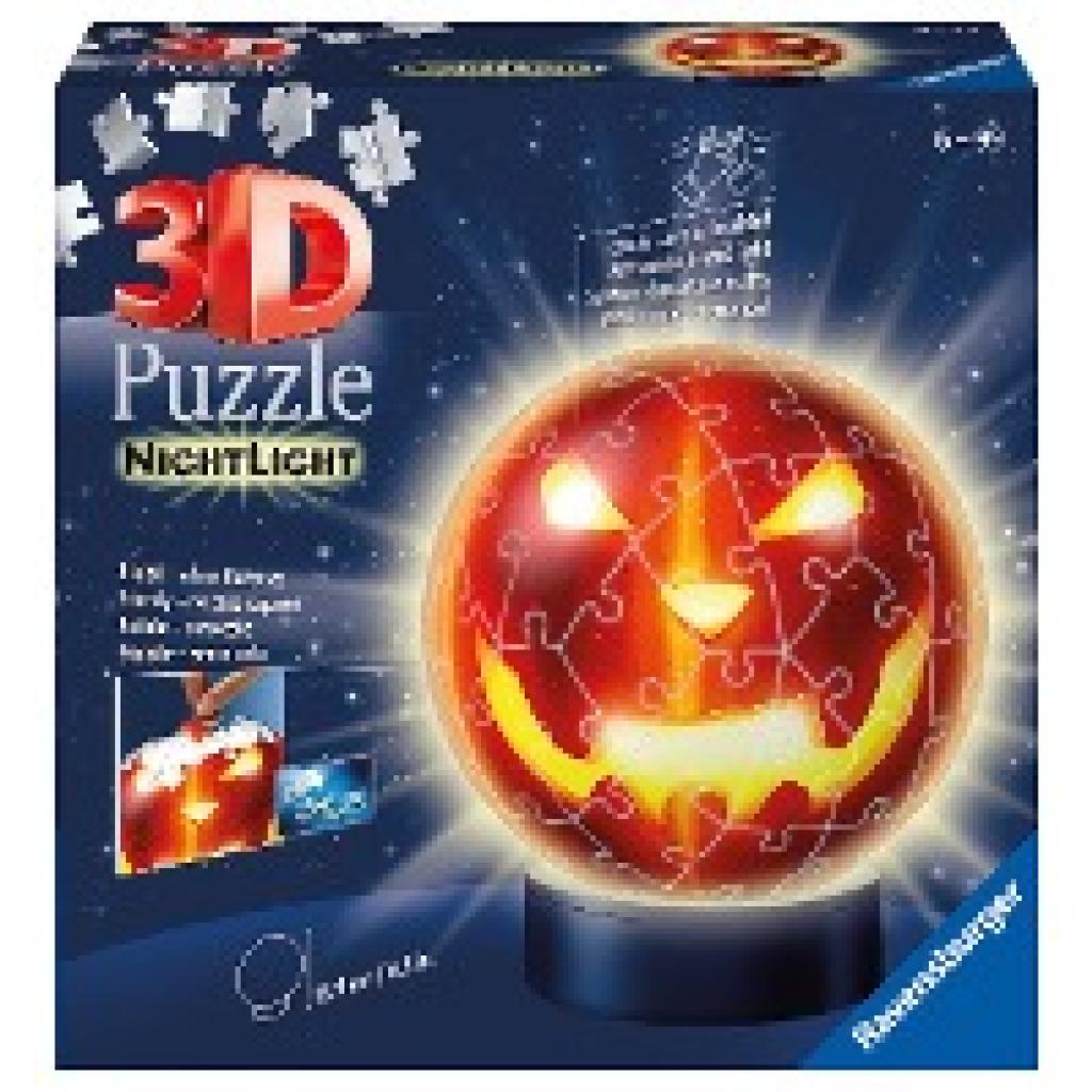 4005556112531 - Ravensburger 3D Puzzle Kürbiskopf Nachtlicht 11253 - Puzzle-Ball - 72 Teile - für Halloween Fans ab 6 Jahren
