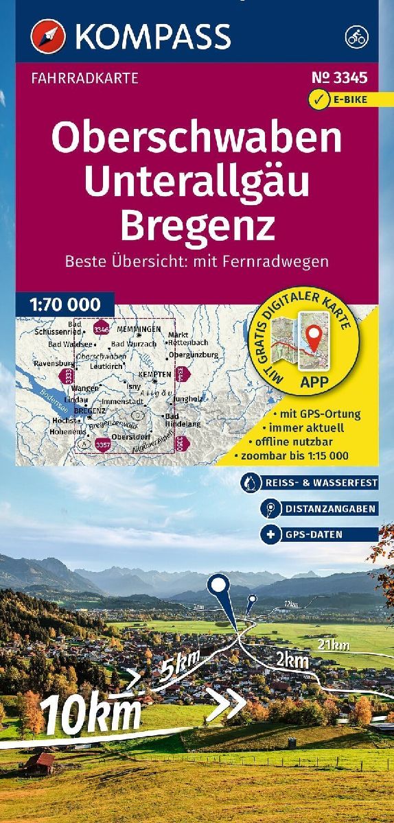 KOMPASS Fahrradkarte 3345 Oberschwaben, Unterallgäu, Bregenz 1:70.000