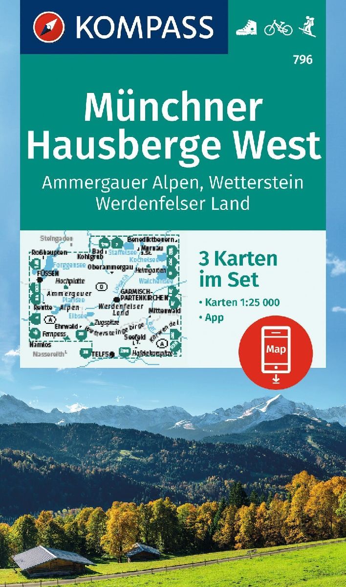 KOMPASS Wanderkarten-Set 796 Münchner Hausberge West, Ammergauer Alpen, Wetterstein, Werdenfelser Land (3 Karten) 1:25.000