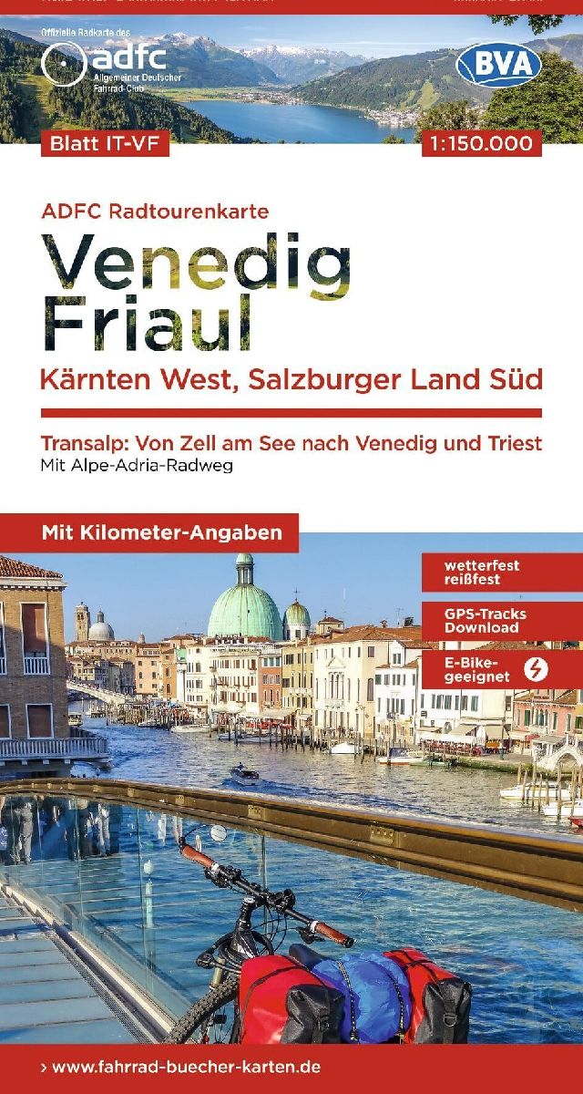 ADFC-Radtourenkarte IT-VF Venedig, Friaul - Kärnten West, Salzburger Land Süd, 150.000, reiß- und wetterfest, E-Bike geeignet, GPS-Tracks Download, mit Bett+Bike Symbolen, mit Kilometer-Angaben