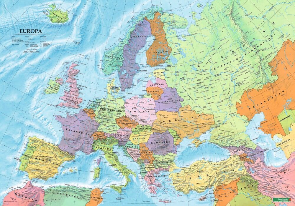 Europa politisch, Poster 1:6 000 000 Metallbestäbt in Rolle