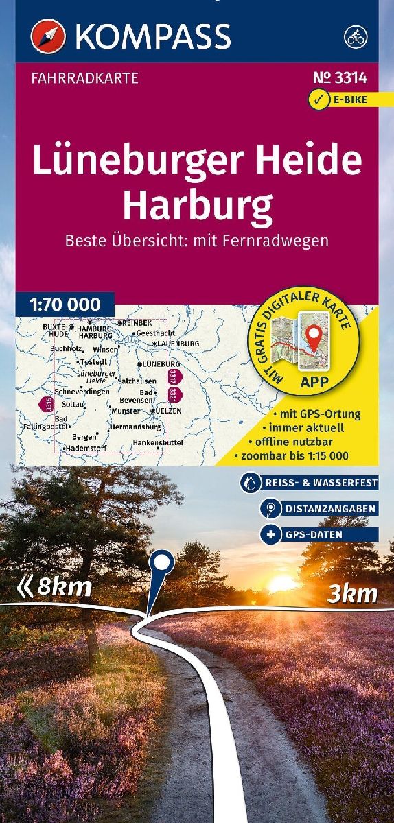 KOMPASS Fahrradkarte 3314 Lüneburger Heide, Harburg 1:70.000