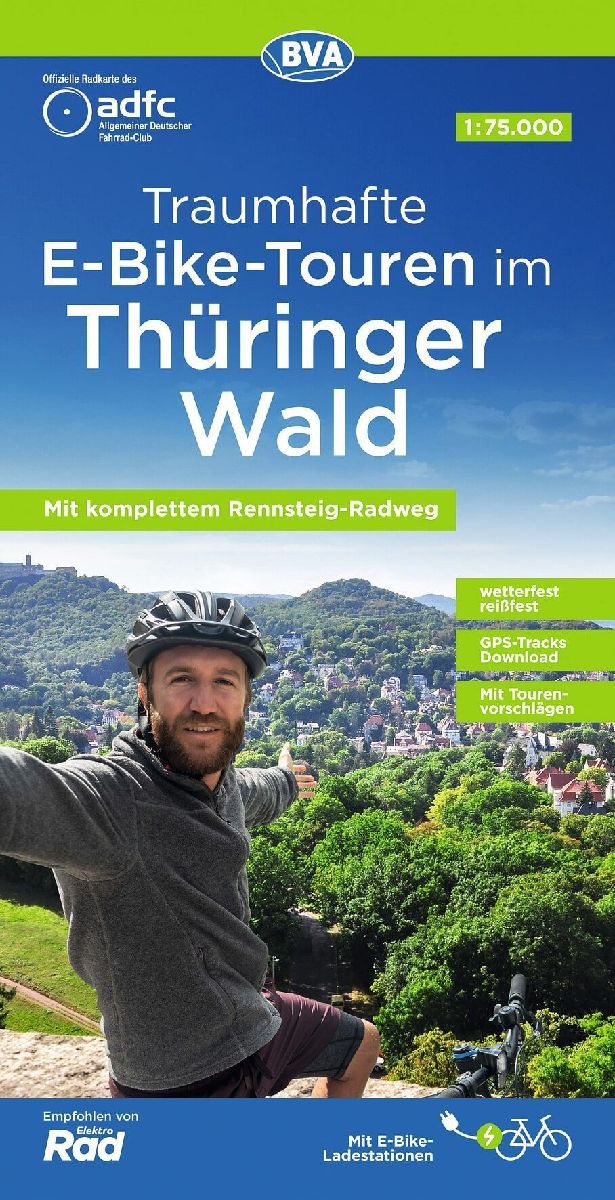 ADFC-Regionalkarte Traumhafte E-Bike-Touren im Thüringer Wald, 1:75.000, mit Tagestourenvorschlägen, reiß- und wetterfest, GPS-Tracks-Download