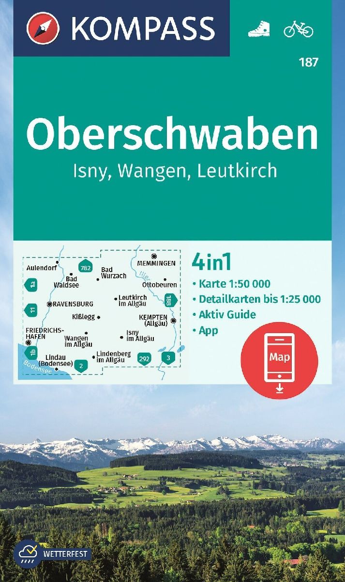 KOMPASS Wanderkarte 187 Oberschwaben, Isny, Wangen, Leutkirch 1:50.000