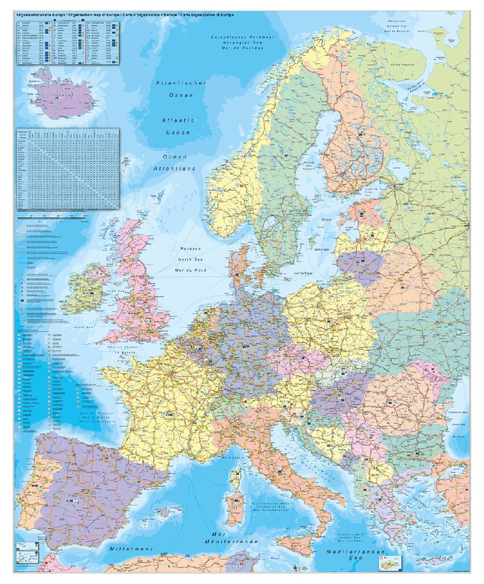 Europa Organisationskarte 1 : 3 600 000. Wandkarte Großformat ohne Metallstäbe