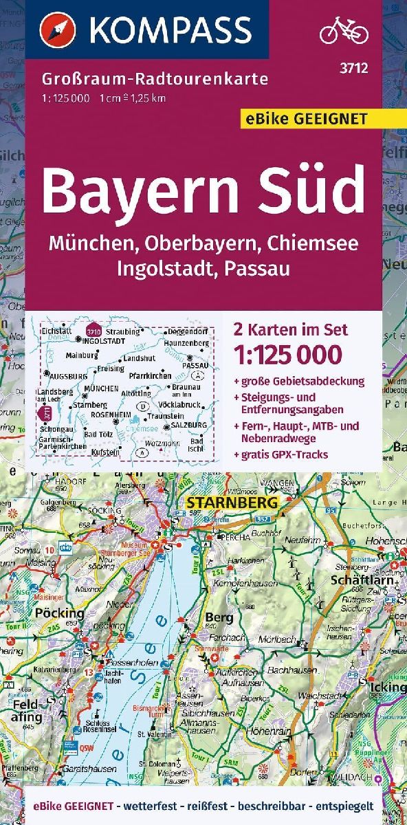 KOMPASS Großraum-Radtourenkarte 3712 Bayern Süd, Oberbayern, Chiemsee, Ingolstadt, Passau, München, 1:125.000