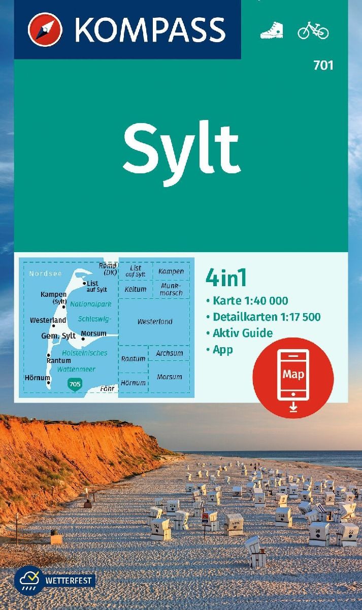 KOMPASS Wanderkarte 701 Sylt mit Ortsplänen 1:40.000