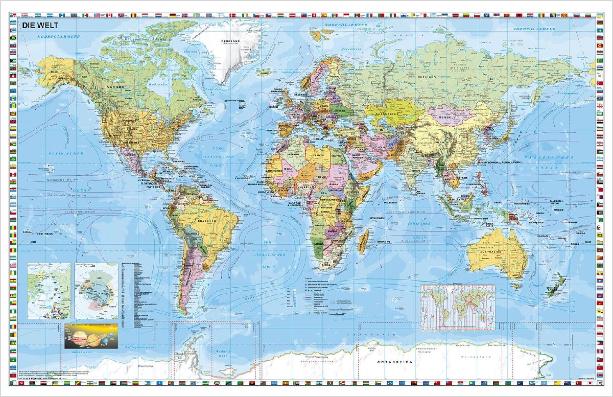 Weltkarte deutschsprachig. Wandkarte mit Flaggenrand