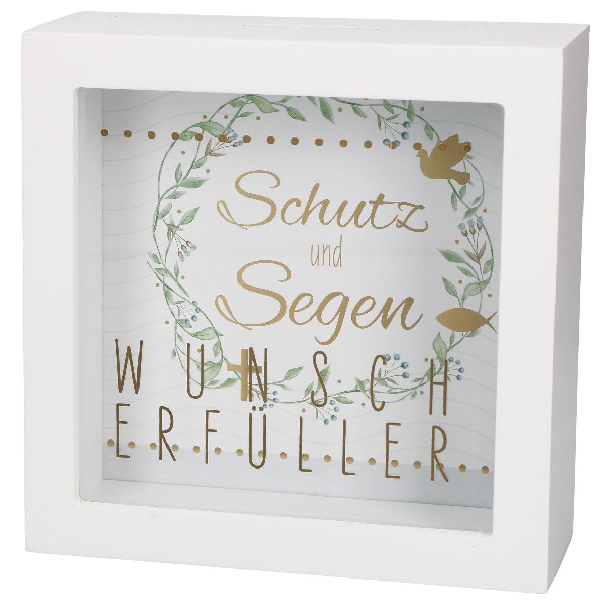 Butzon & Bercker Bilderrahmen-Spardose Wunscherfüller 14 x 14 x 5,5 cm - Holz 2-in-1 Geschenkbox zum Aufstellen, individualisierbares Hintergrundbild, Golddruck auf Glasscheibe, originelle Verpackung