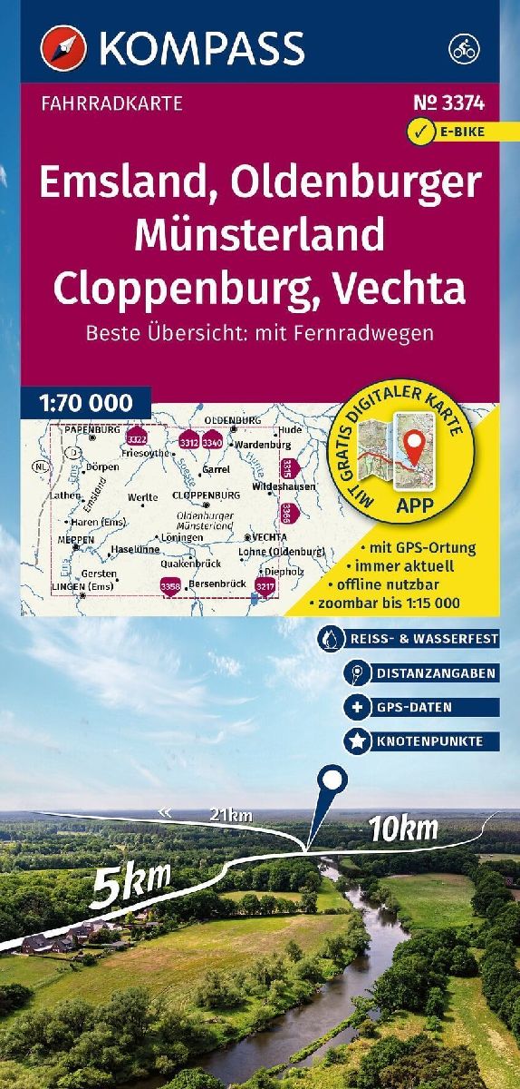 KOMPASS Fahrradkarte 3374 Emsland, Oldenburger Münsterland, Cloppenburg, Vechta mit Knotenpunkten 1:70.000