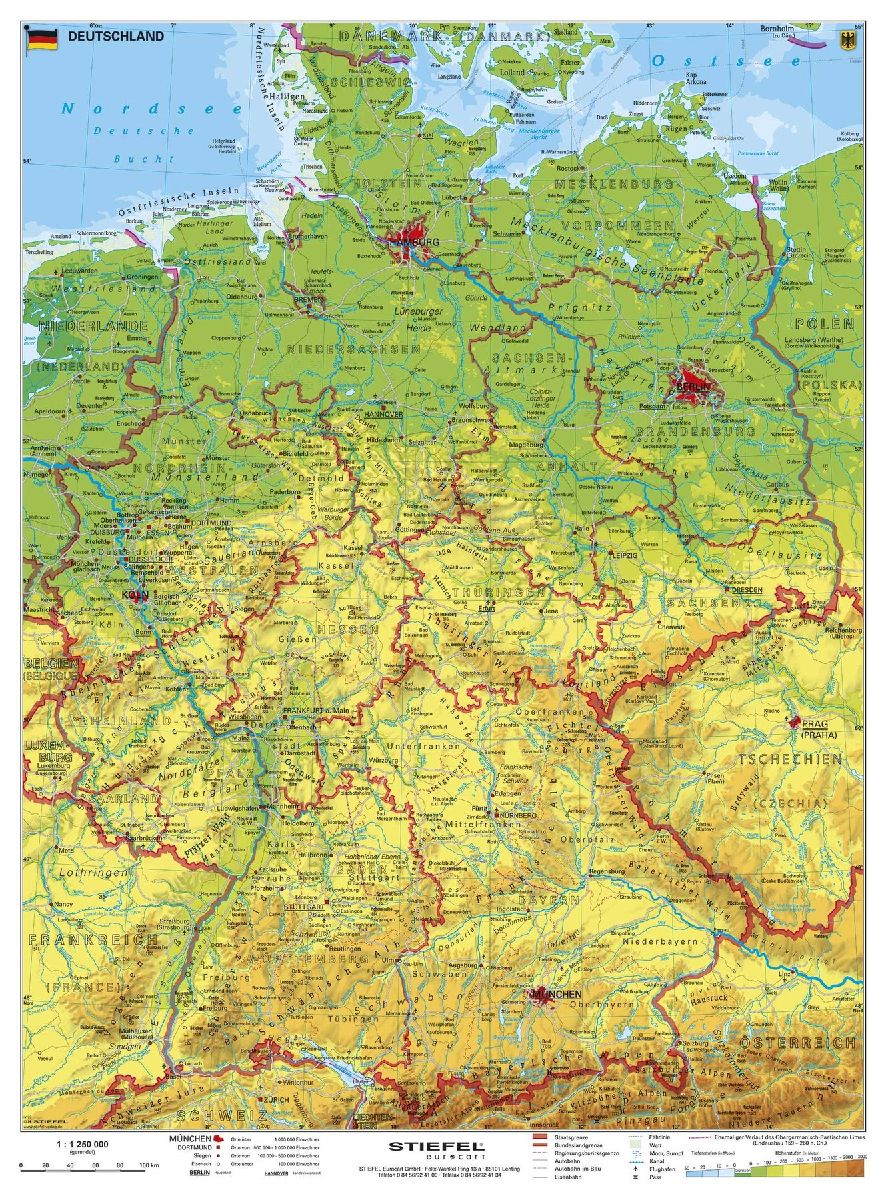 Deutschland, physisch 1 : 1 100 000. Wandkarte Kleinformat ohne Metallstäbe