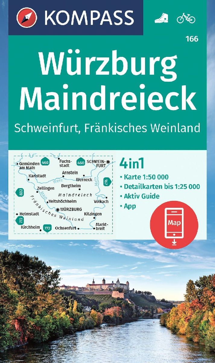 KOMPASS Wanderkarte 166 Würzburg, Maindreieck, Schweinfurt, Fränkisches Weinland 1:50.000