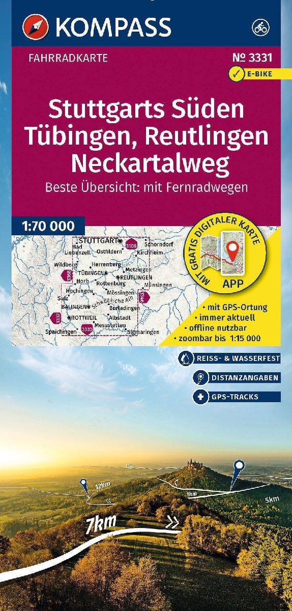 KOMPASS Fahrradkarte 3331 Stuttgarts Süden, Tübingen, Reutlingen, Neckartalweg 1:70.000