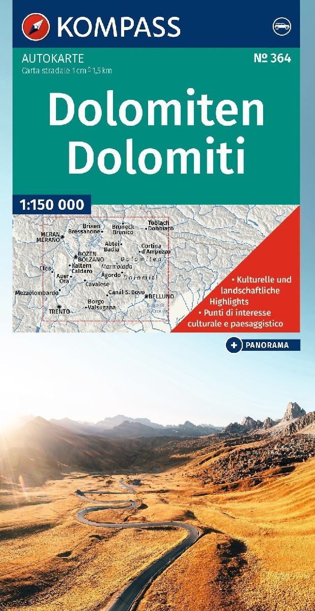 KOMPASS Autokarte und Panoramakarte Dolomiten / Dolomiti / Dolomites 1:150.000