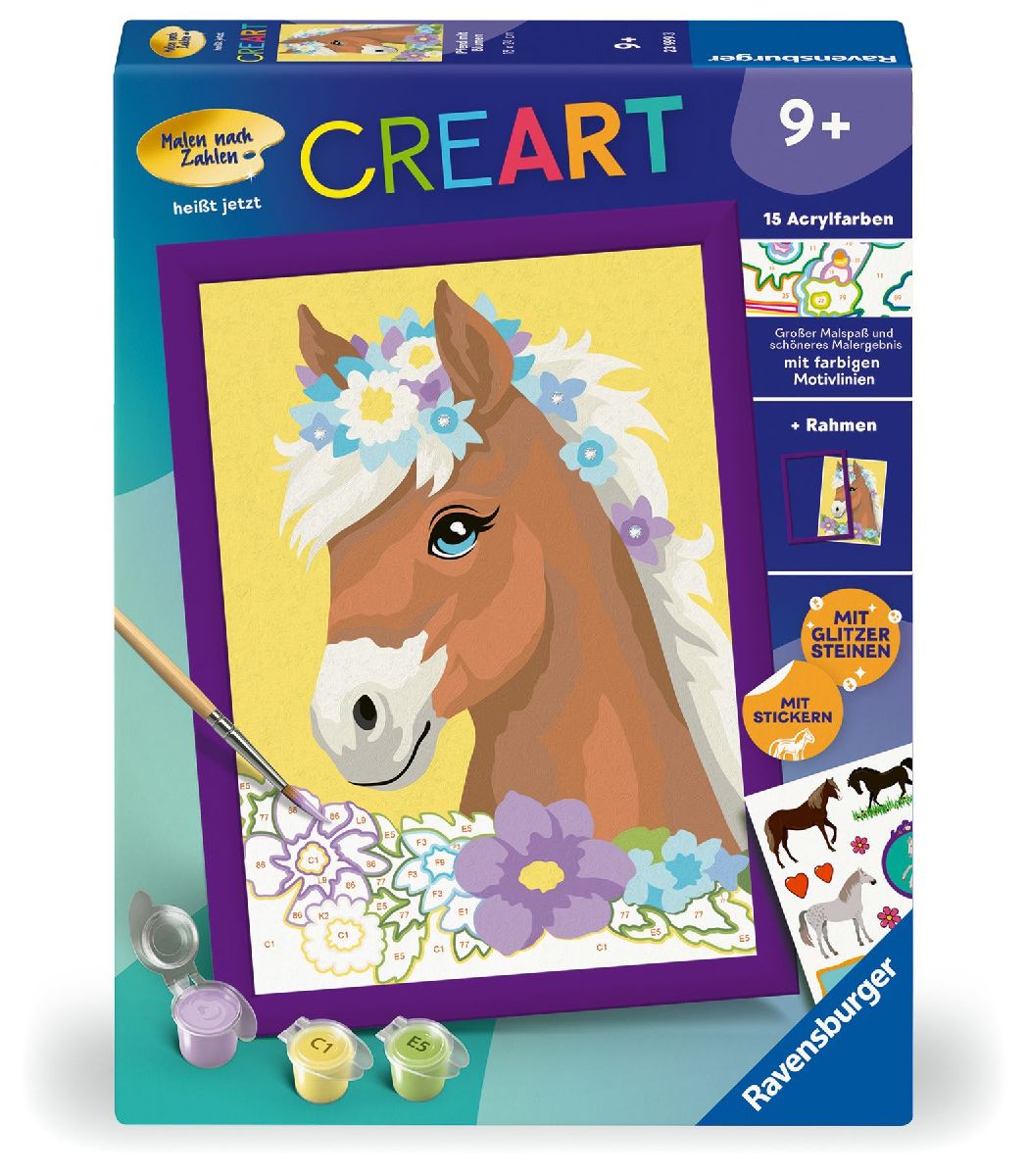 CreArt, Malen nach Zahlen Kinder - Pferd mit Blumen