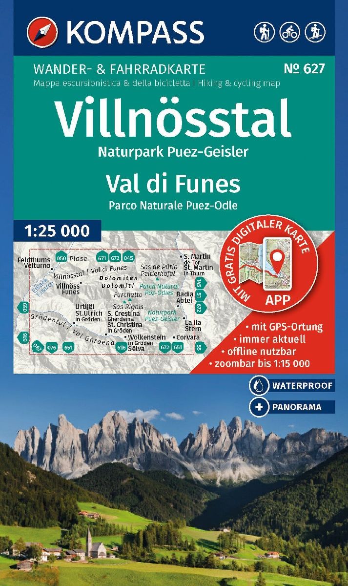 KOMPASS Wanderkarte 627 Villnösstal / Val di Funes, Naturpark Puez-Geisler / Parco Naturale Puez-Odle 1:25.000