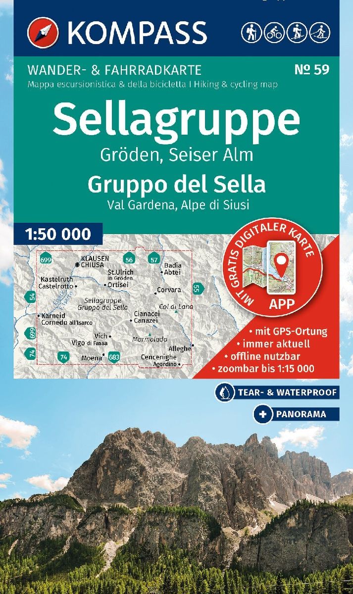 KOMPASS Wanderkarte 59 Sellagruppe, Gröden, Seiser Alm / Gruppo del Sella, Val Gardena, Alpe di Siusi 1:50.000
