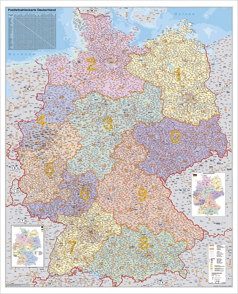 Deutschland Postleitzahlenkarte 1 : 750 000. Wandkarte Grossformat ohne Metallstäbe
