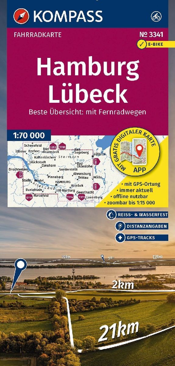 KOMPASS Fahrradkarte 3341 Hamburg, Lübeck 1:70.000