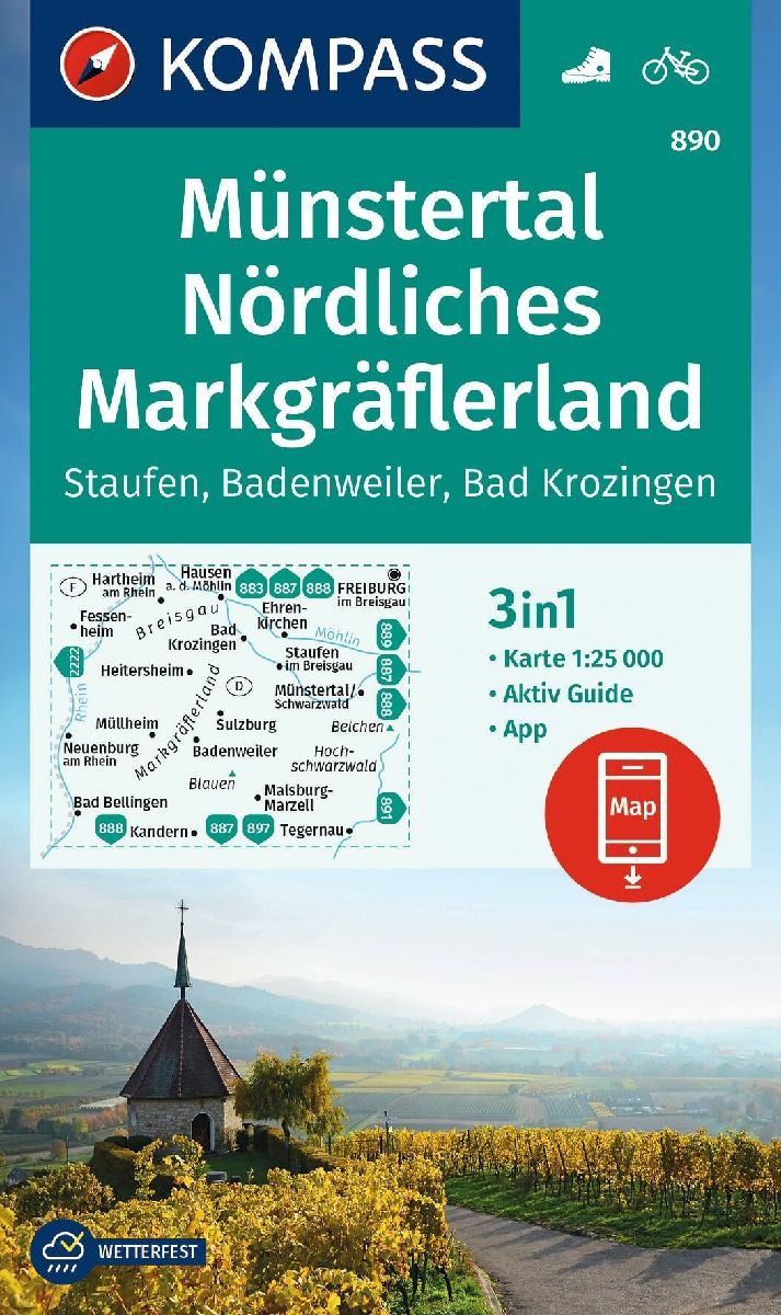 KOMPASS Wanderkarte 890 Münstertal, Nördliches Markgräflerland, Staufen, Badenweiler, Bad Krozingen 1:25.000