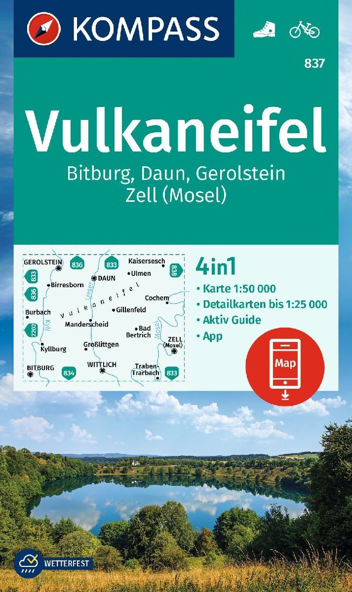 KOMPASS Wanderkarte 837 Vulkaneifel, Bitburg, Daun, Gerolstein, Zell (Mosel) 1:50.000